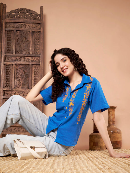 Blue Cotton Embroidered Shirt Top