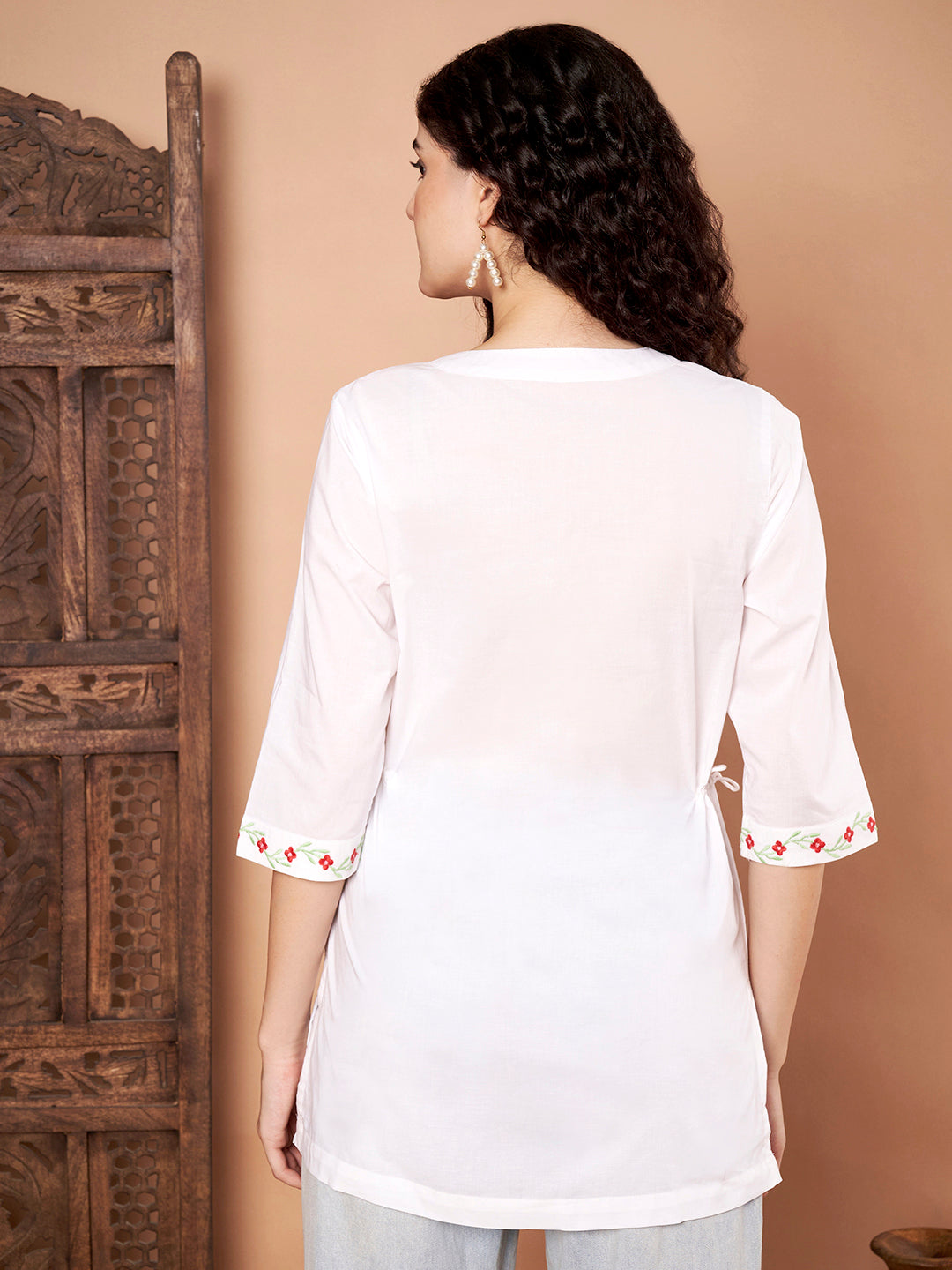 White Cotton Kurti with Green & Red Embroidery back side