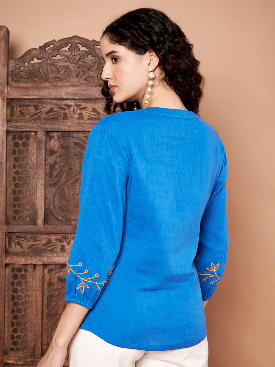 Blue Cotton Embroidered Top back view