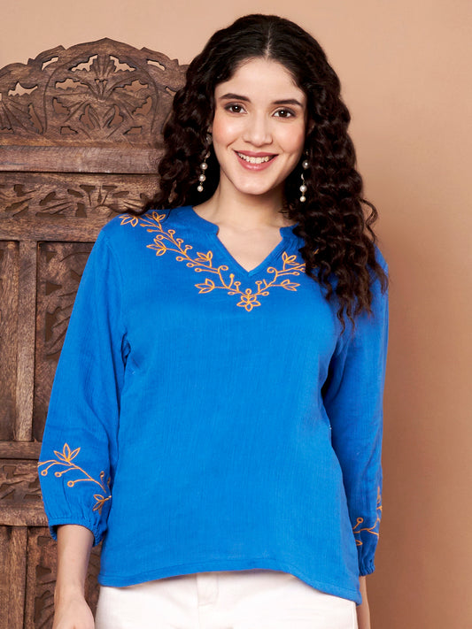 Blue Cotton Embroidered Top front view