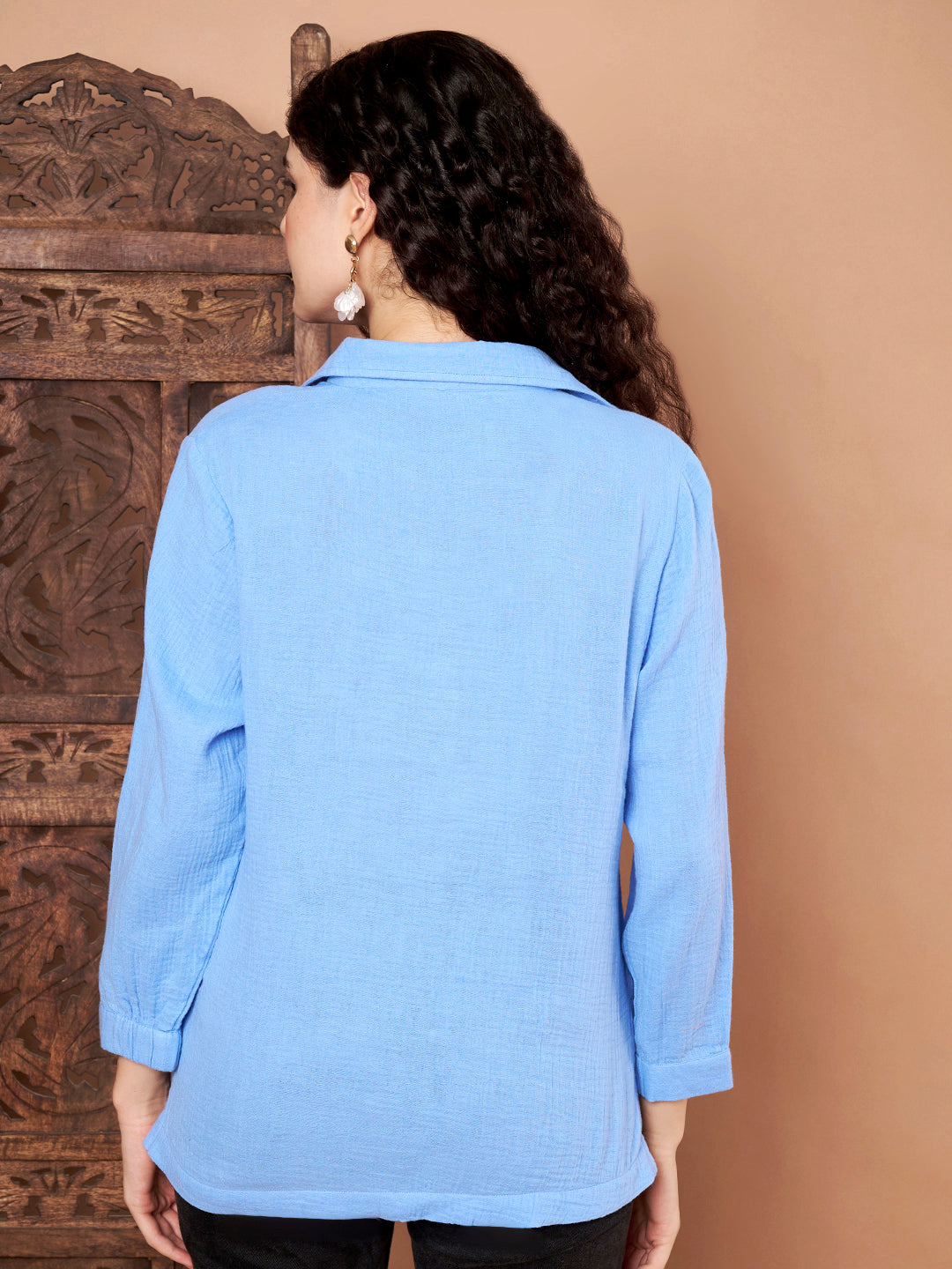 Blue Cotton Collared Top back side
