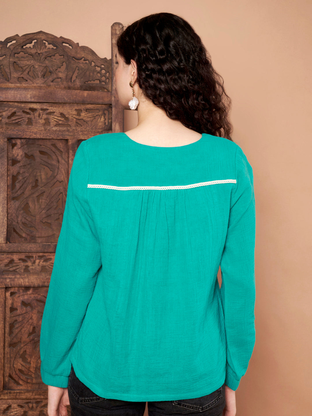 Teal Cotton Long Sleeve Top with Pleated Front