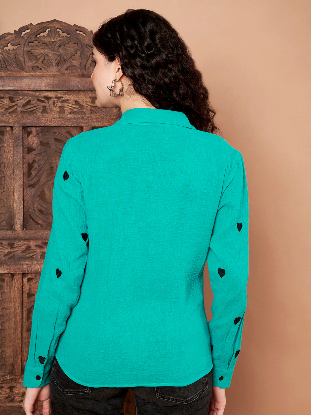 Green Cotton Shirt with Black Heart Embroidery back side