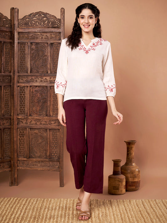 White Cotton Embroidered Top full view