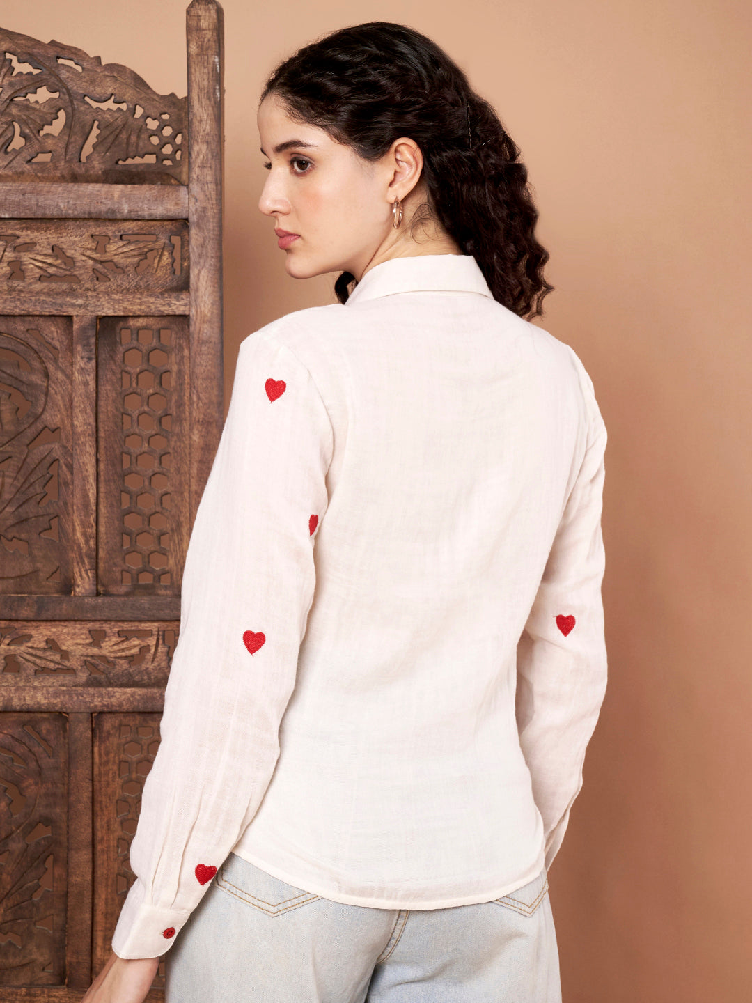White Cotton Shirt with Red Heart Embroidery back side