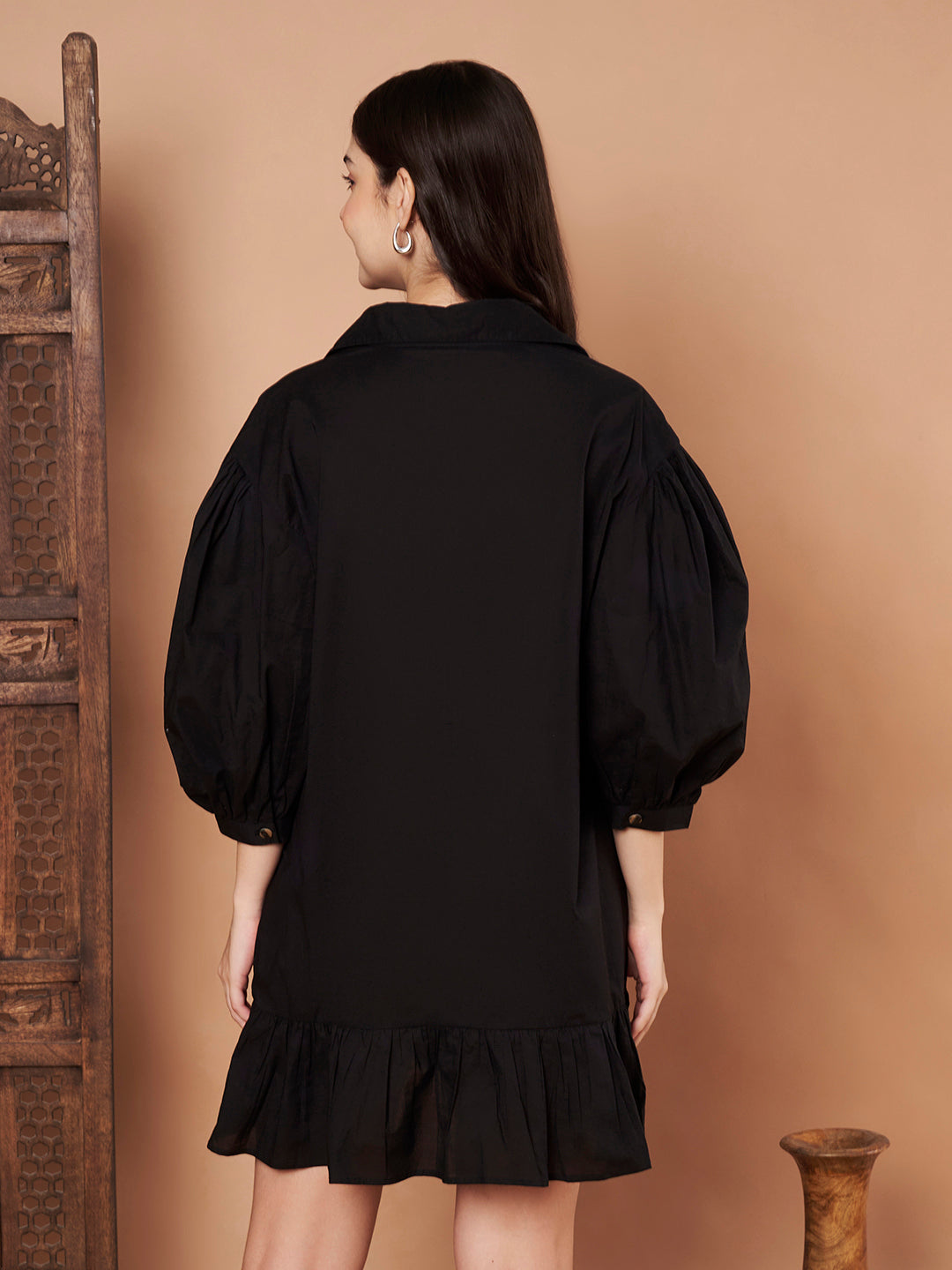 Back view of cotton shirt-dress with ruffle hem – women’s black dress