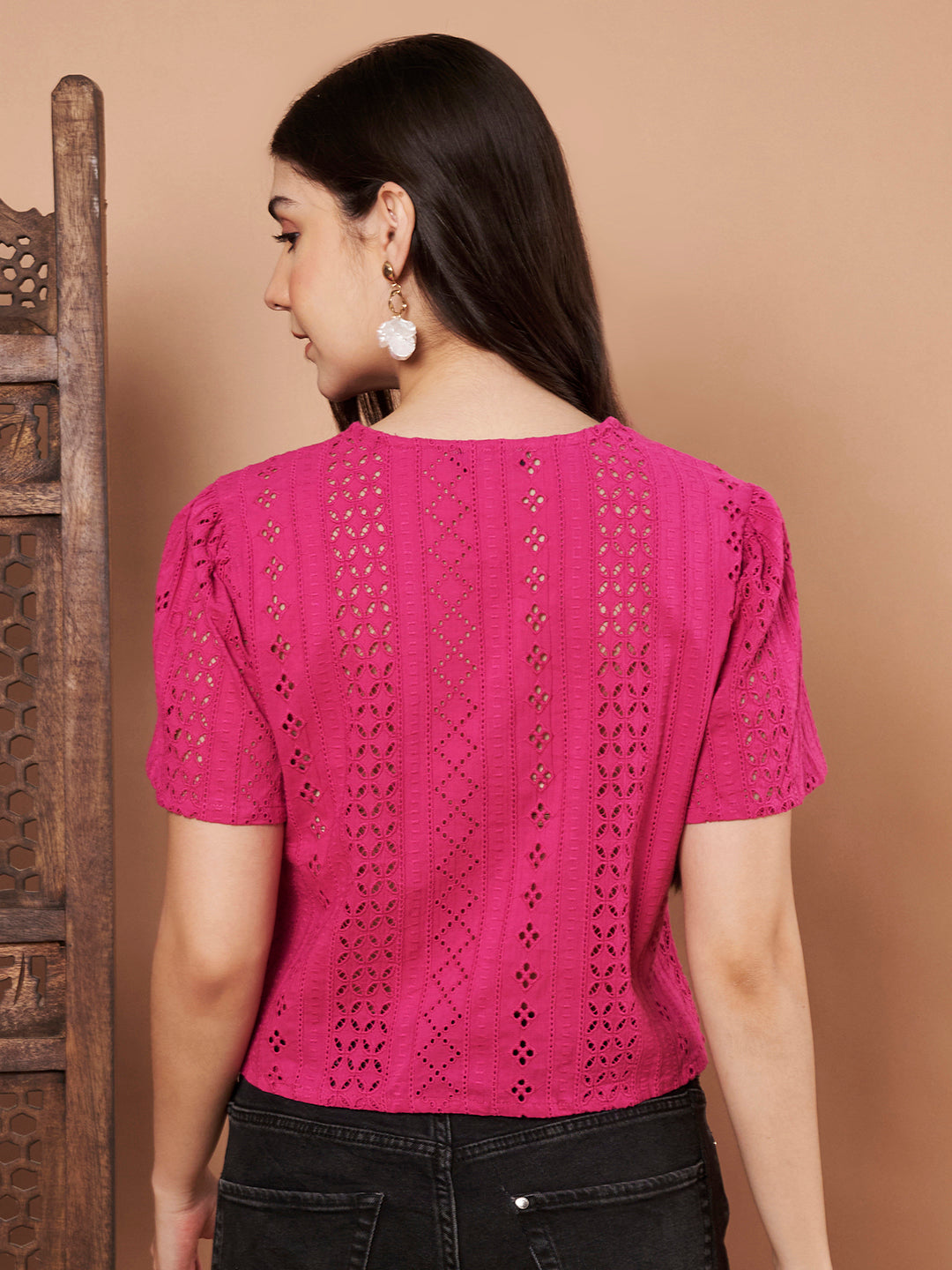 Back view of magenta Schiffli top