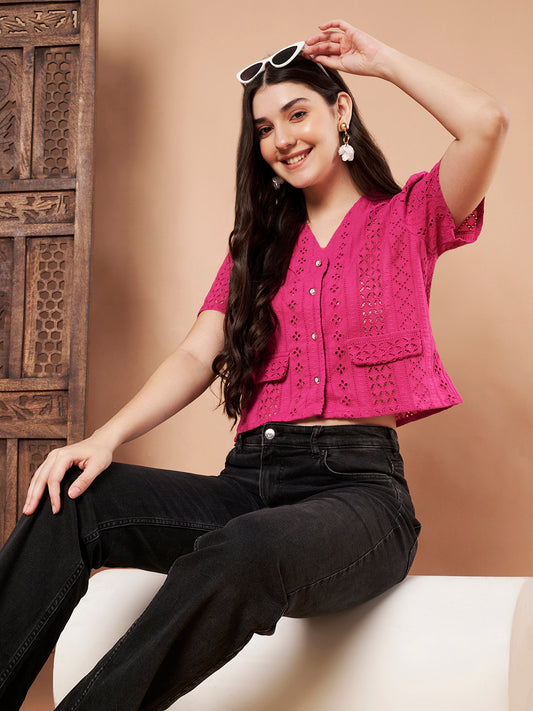 Women’s magenta Schiffli cotton top front view