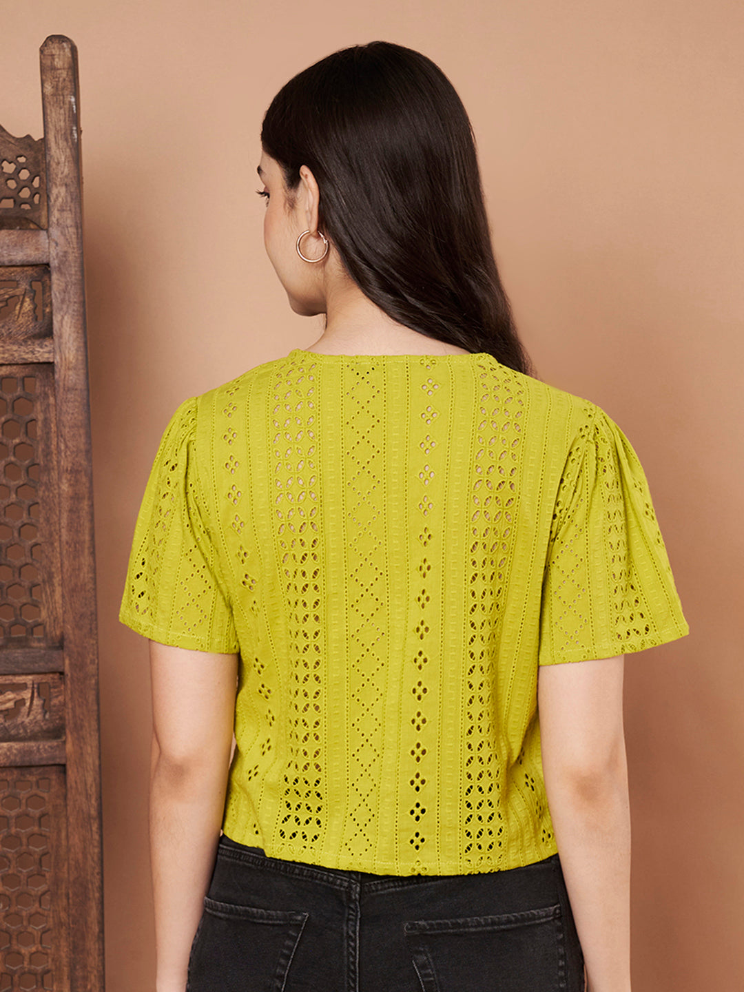 Back view of lime green Schiffli top