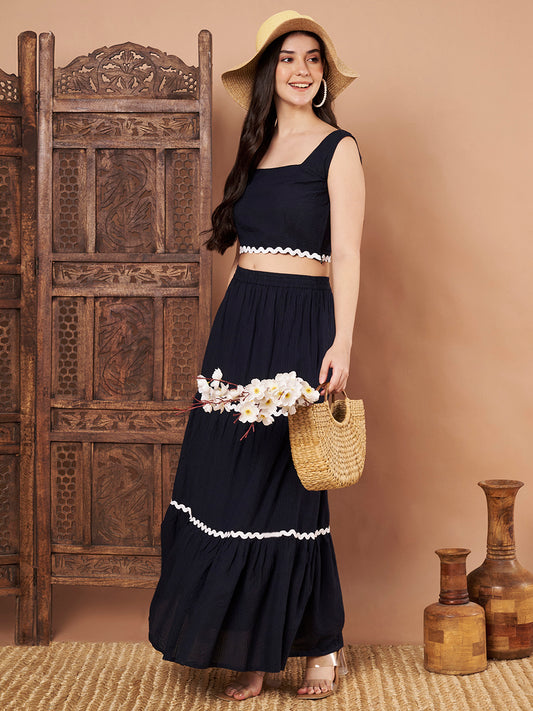 Flat lay of navy blue cotton co-ord set for women