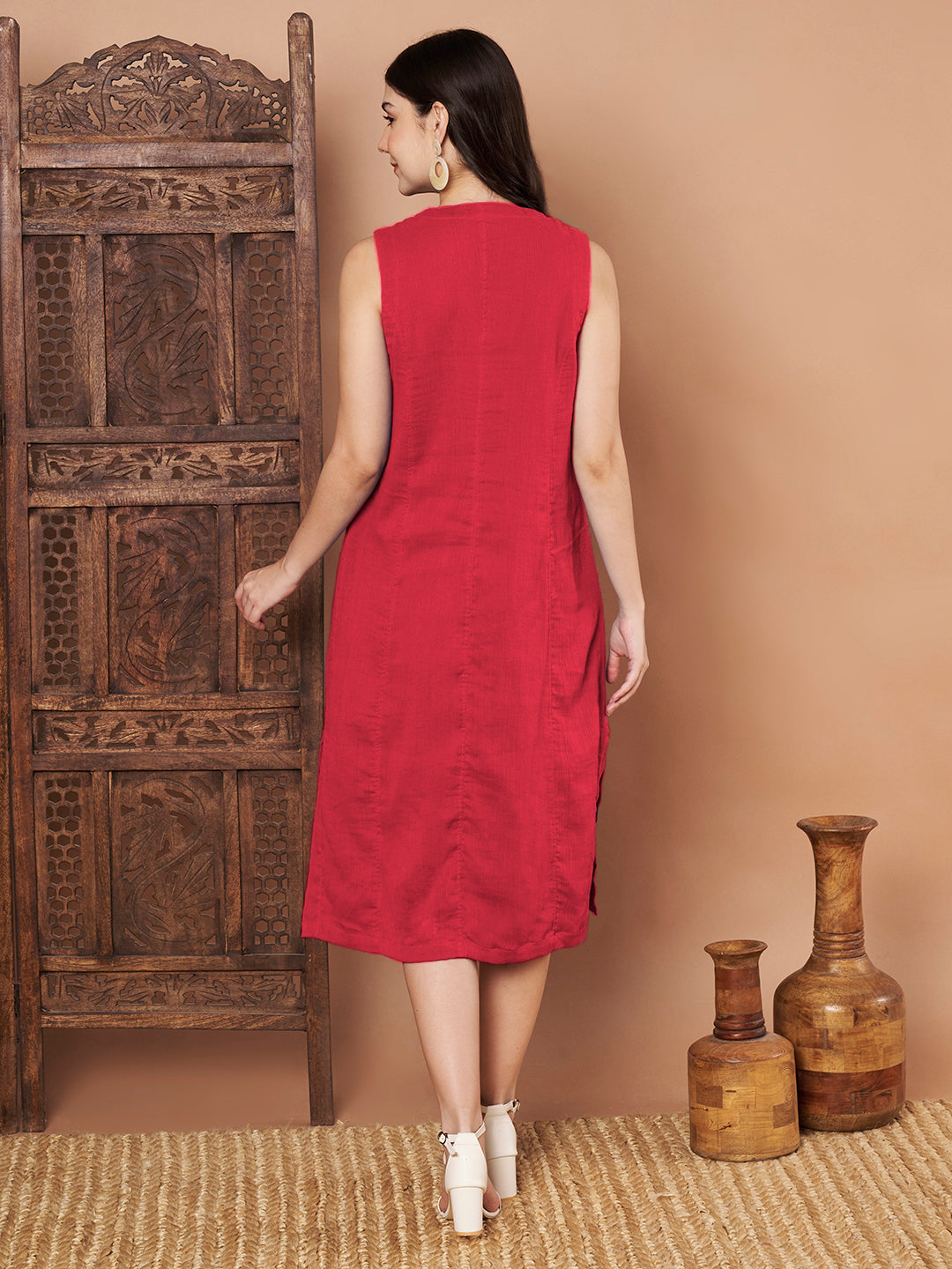 Red Sleeveless Cotton Button-Down Dress for Women