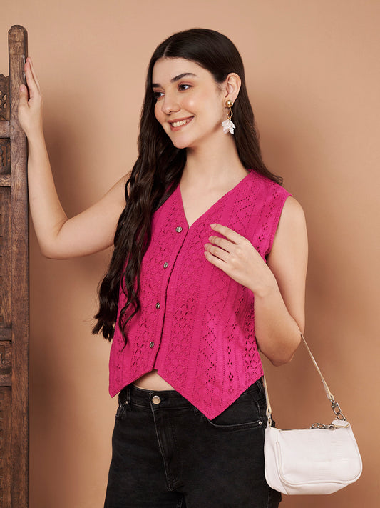 Hot Pink Schiffli Cotton Sleeveless Top side look