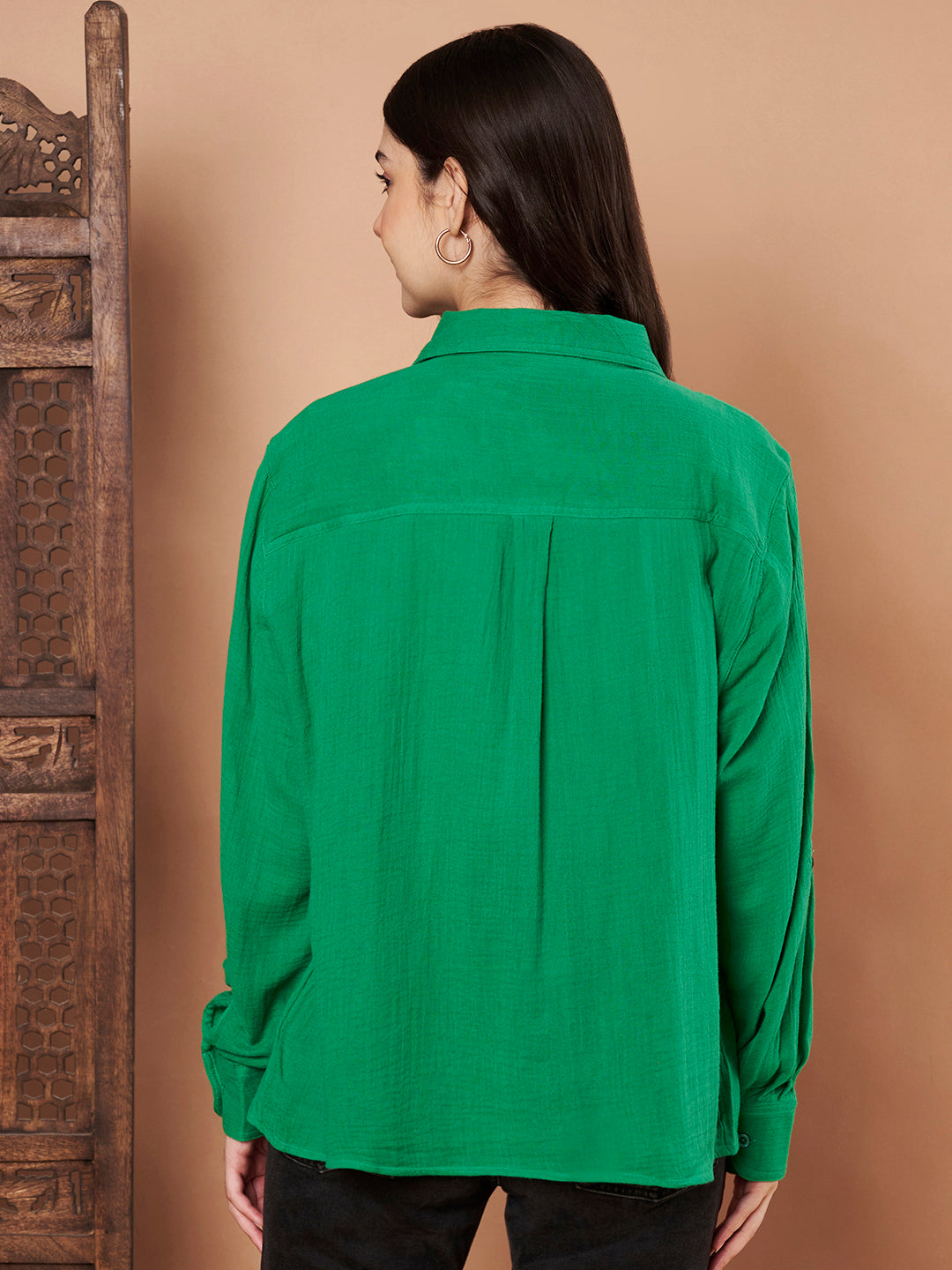 Green Cotton Button-Down Shirt for women back side