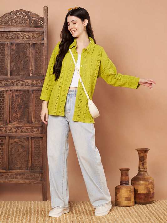 Model wearing lime green schiffli cotton shirt – casual outfit