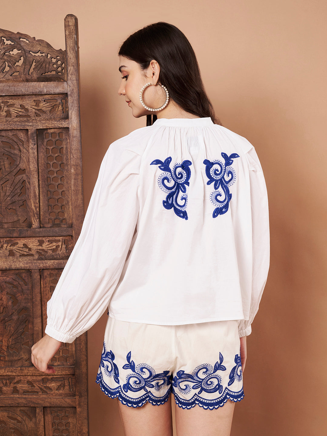 white cotton embroidered shorts back side