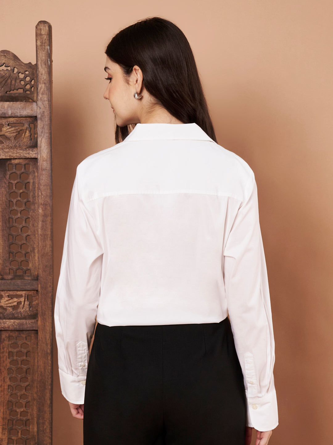 Back view of white cotton long sleeve formal shirt for women