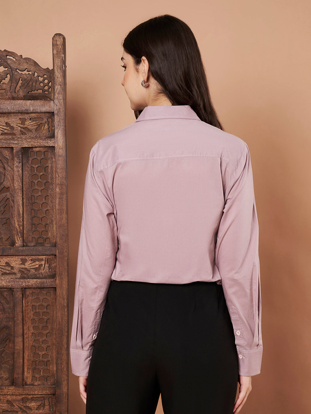 Back view of lavender cotton long sleeve formal shirt for women