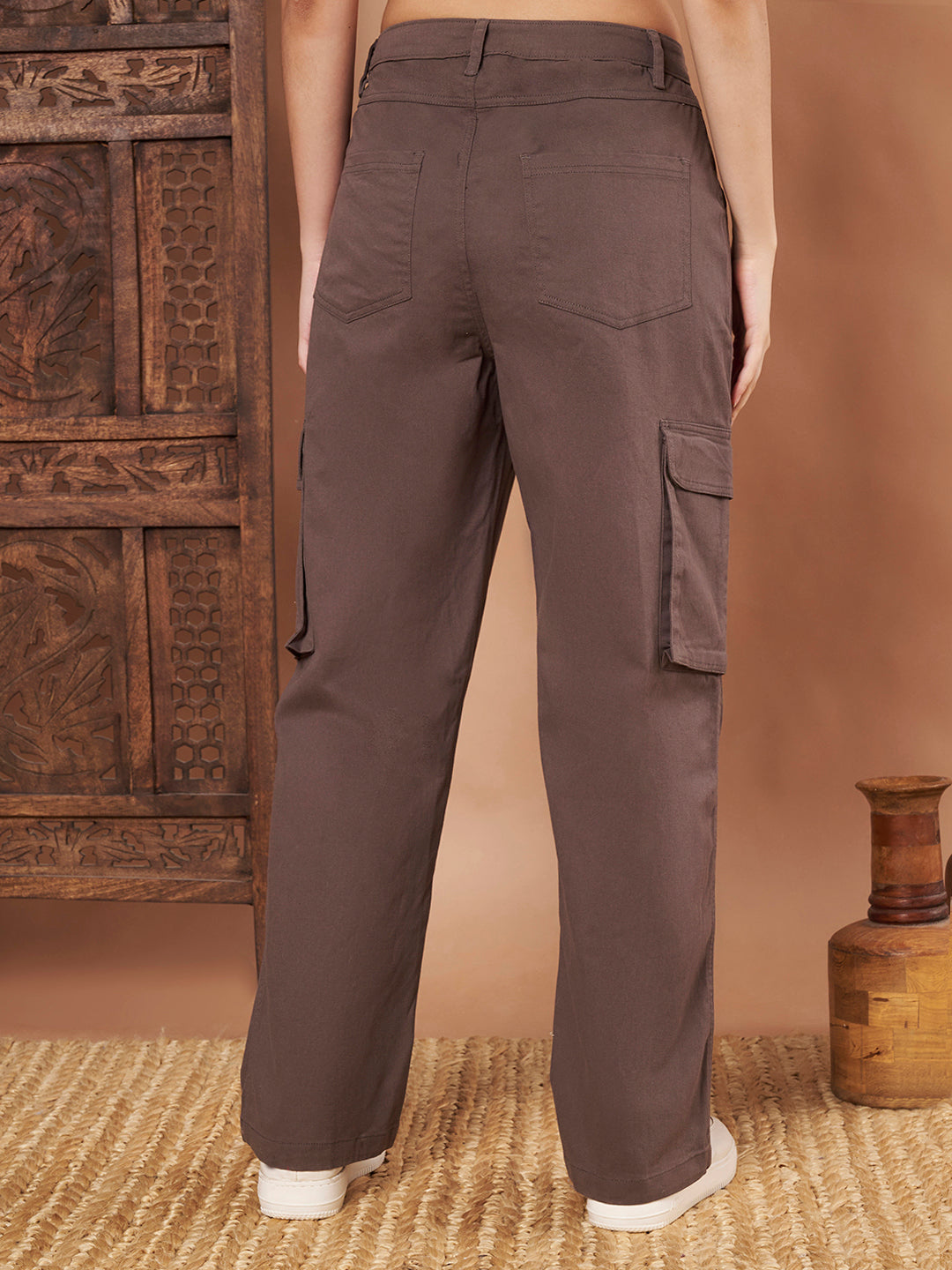 Grey Cotton Cargo Pants for women back side