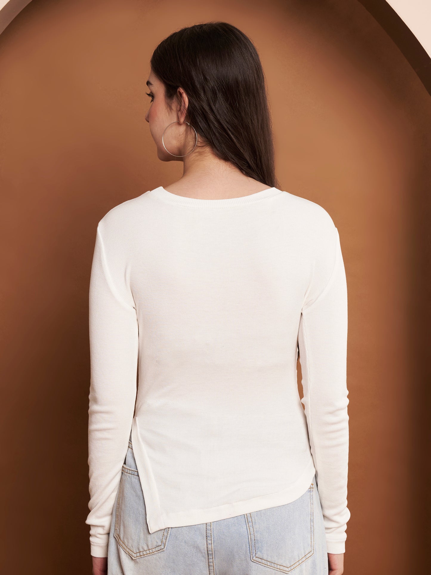 Back view of rib knit off-white cotton top for women