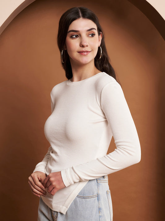 Off-white rib knit full sleeve cotton top for women