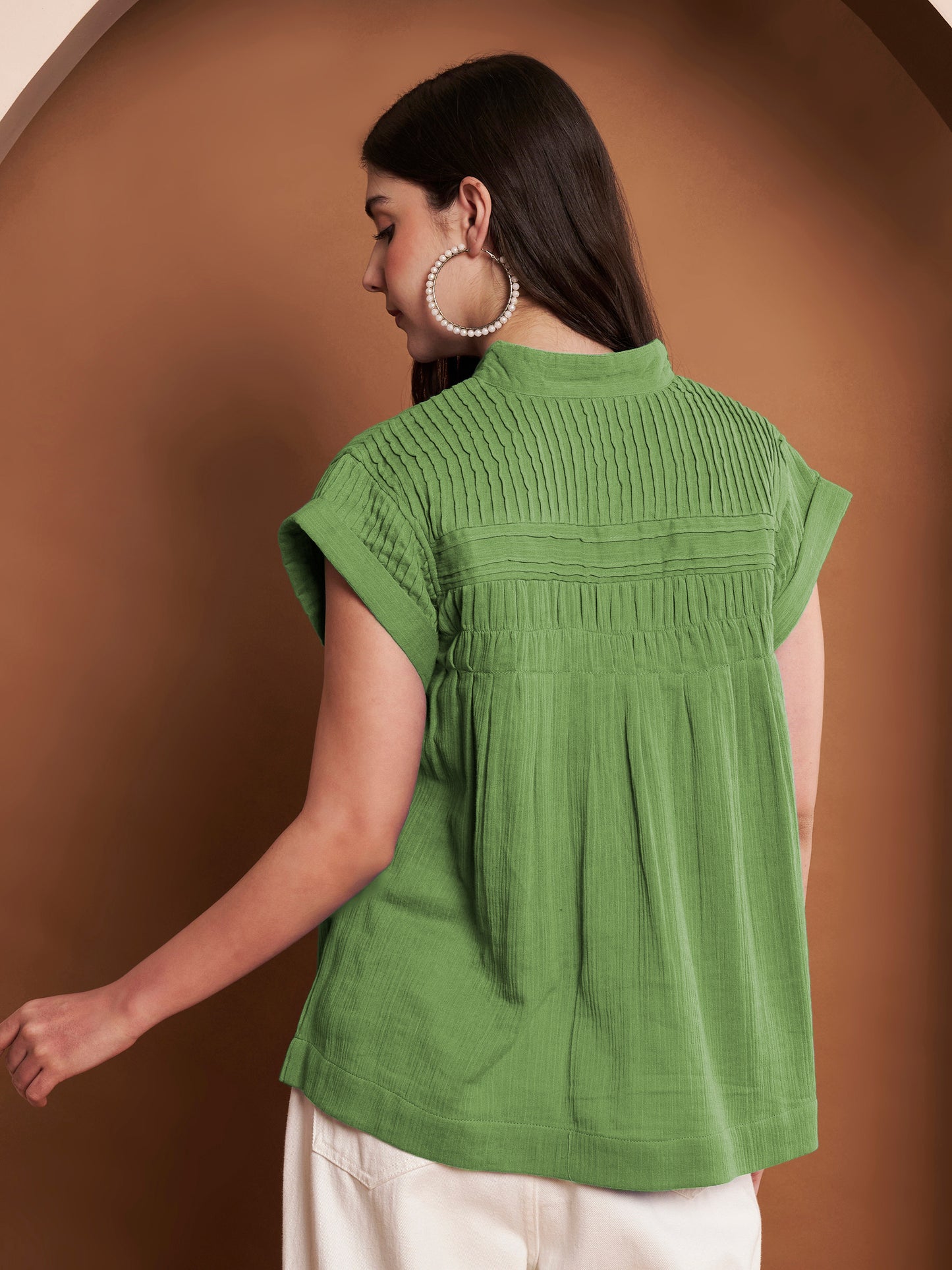 Green Mandarin Collar Sleeveless Pleated Yoke 100% Cotton Top for Women