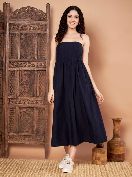 Navy Blue Strapless Cotton Dress