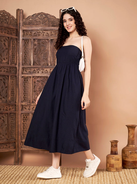 Navy Blue Strapless Cotton Dress