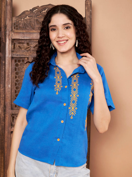 Blue Cotton Embroidered Shirt Top for Women
