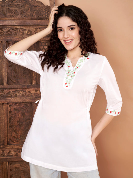 White Cotton Kurti with Green & Red Embroidery