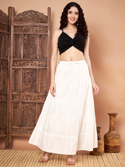 White Cotton Tiered Maxi Skirt for Women