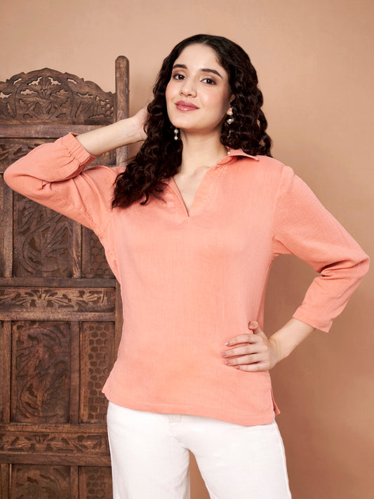 Peach Cotton Collared Top