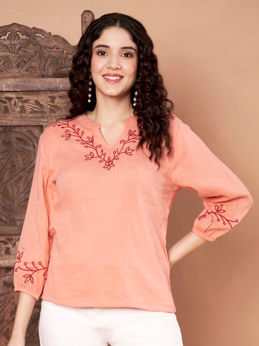 Peach Cotton Embroidered Top