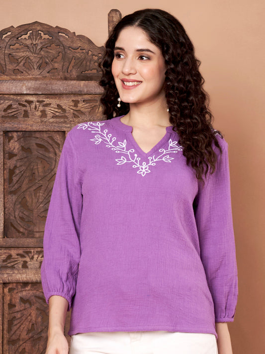 Purple Cotton Embroidered Top