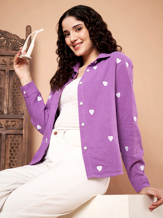 Purple Cotton Shirt with White Heart Embroidery front view