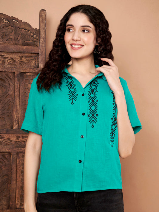 Green Cotton Shirt Top with Embroidered Detail for Women