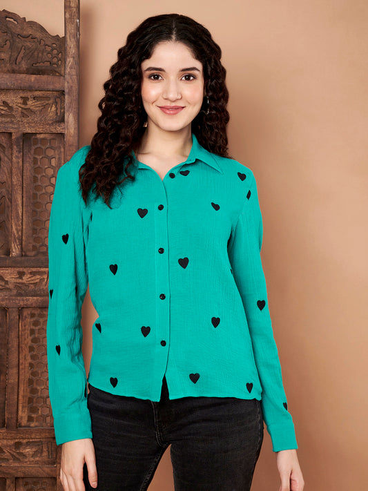 Green Cotton Shirt with Black Heart Embroidery