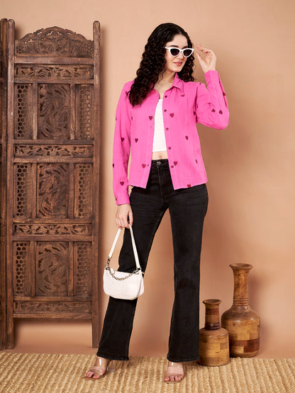 Pink Cotton Shirt with Maroon Heart Embroidery front view 