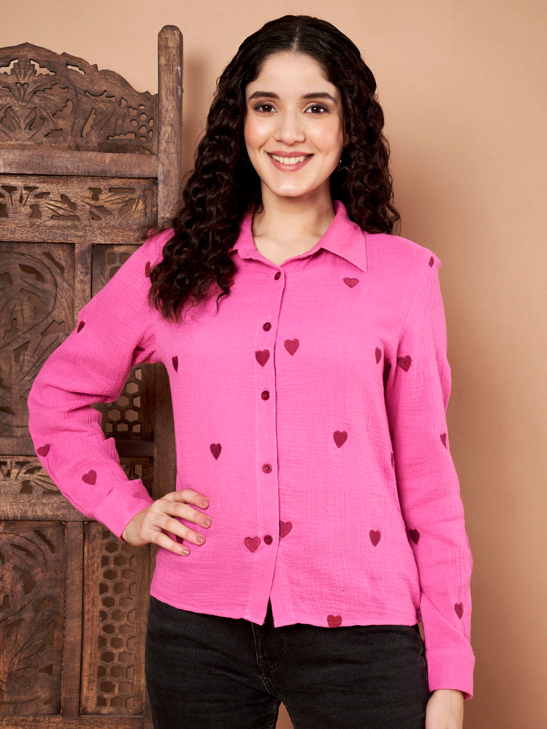 Pink Cotton Shirt with Maroon Heart Embroidery