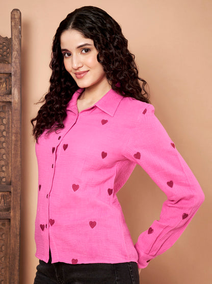 Pink Cotton Shirt with Maroon Heart Embroidery right side