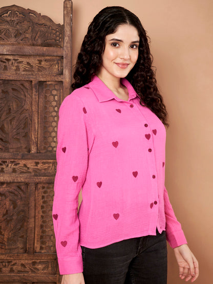 Pink Cotton Shirt with Maroon Heart Embroidery left side