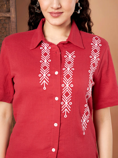 Red Cotton Embroidered Shirt Top for Women close up