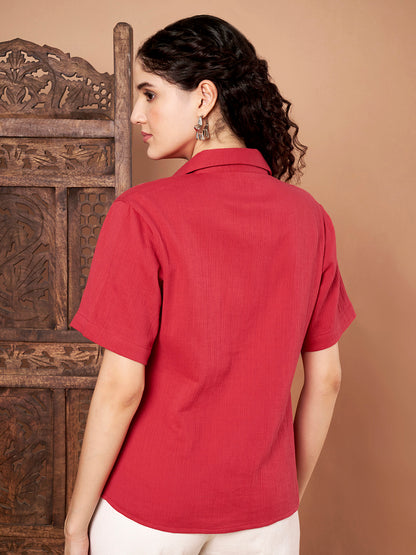 Red Cotton Embroidered Shirt Top for Women back side