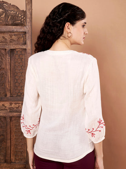 White Cotton Embroidered Top back side