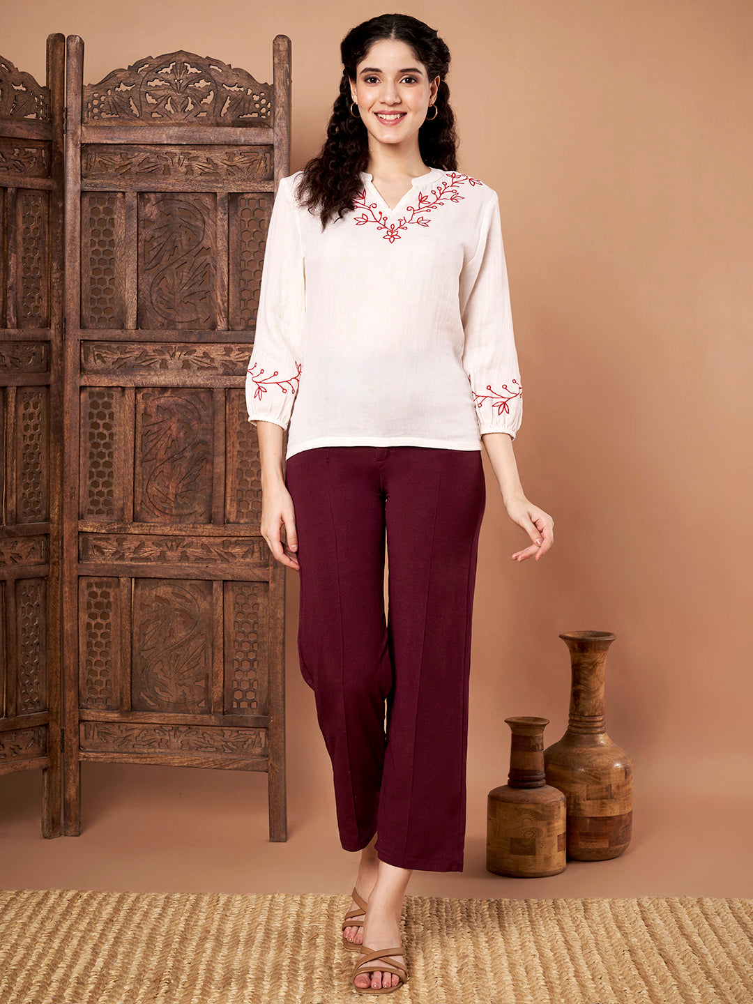 White Cotton Embroidered Top full view