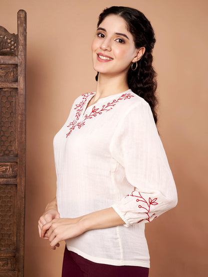 White Cotton Embroidered Top left side