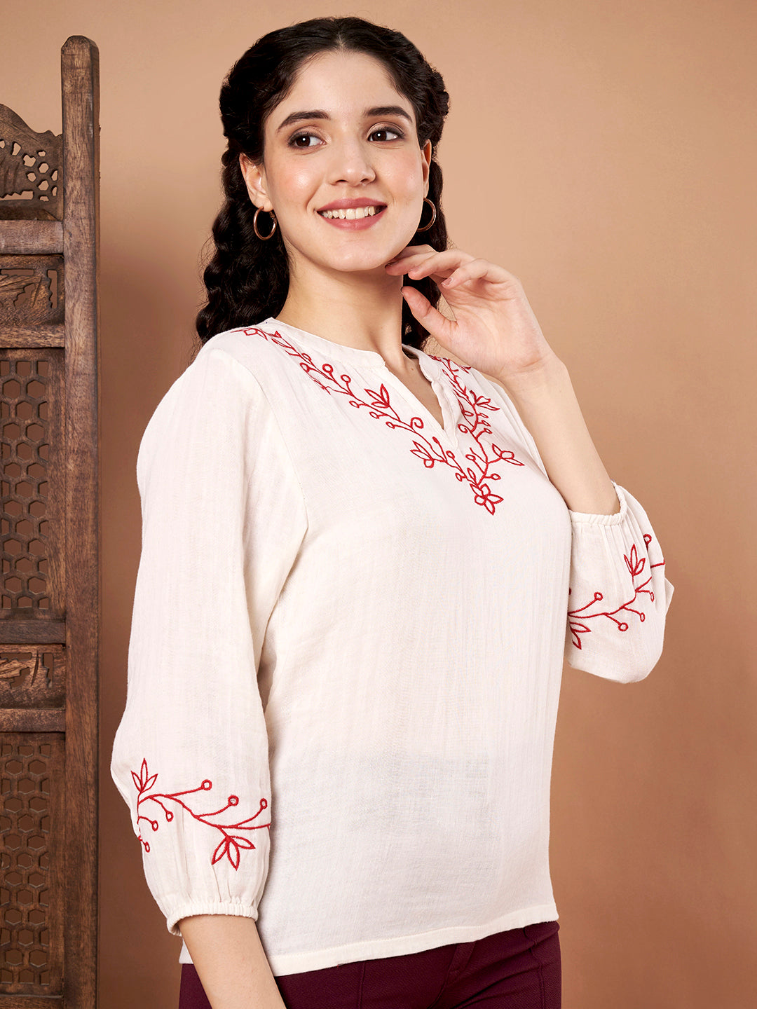 White Cotton Embroidered Top left side