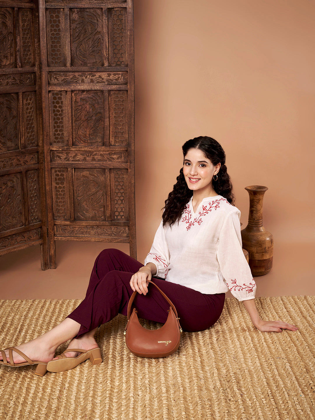 White Cotton Embroidered Top with 3/4 sleeve