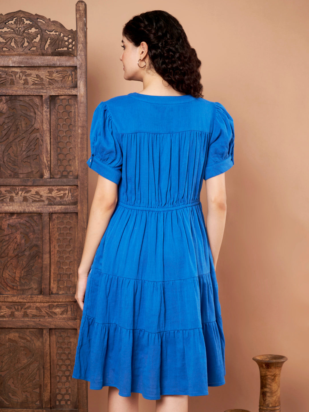 Blue Cotton Button-Down sleeveless Dress back side
