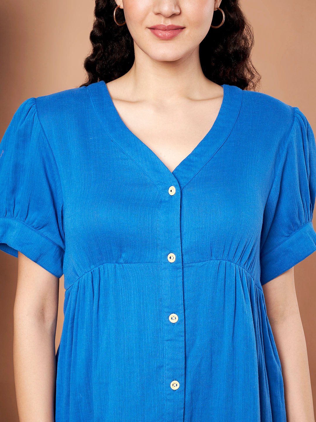 Blue Cotton Tiered Button-Down Dress with Short Sleeves