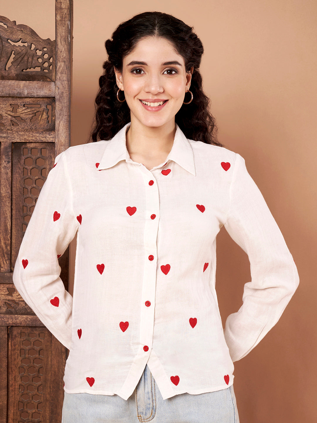 White Cotton Shirt with Red Heart Embroidery front view